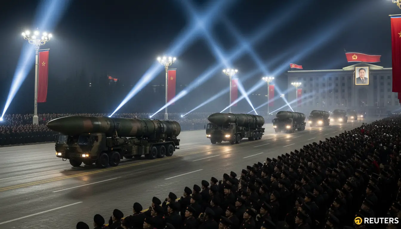 Photographie de presse réaliste d'un défilé militaire nocturne à Pyongyang, missiles sur des camions
