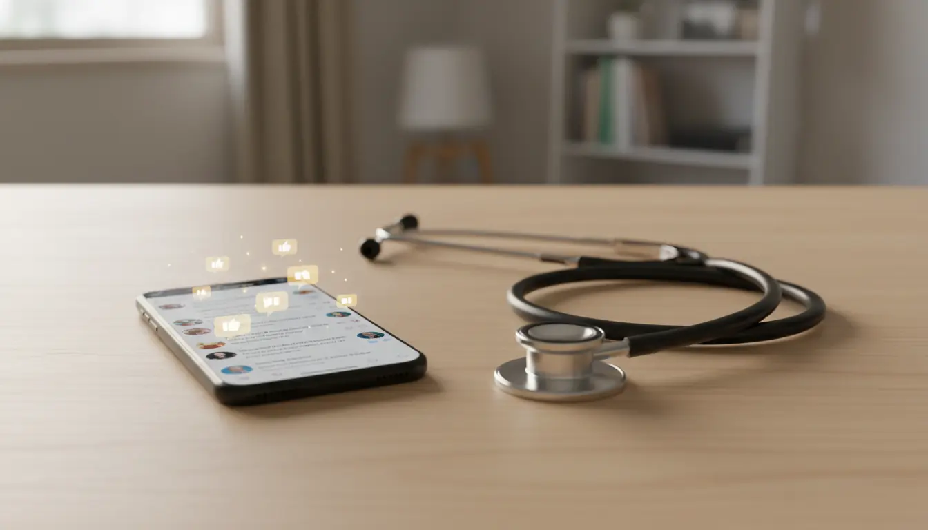 Photographie conceptuelle réaliste. Un smartphone posé sur une table en bois clair, affichant une in