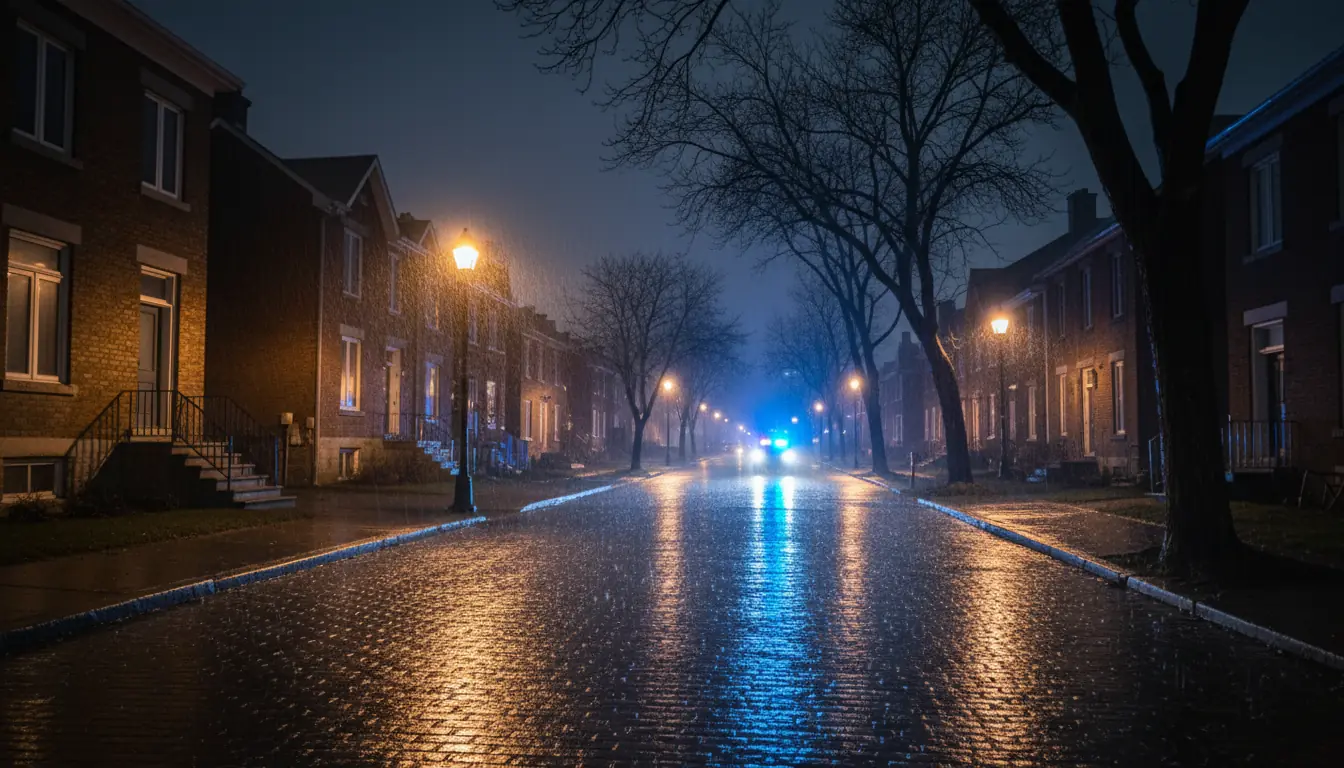 Photographie nocturne ultra-réaliste de style documentaire. Une rue résidentielle de Montréal éclair
